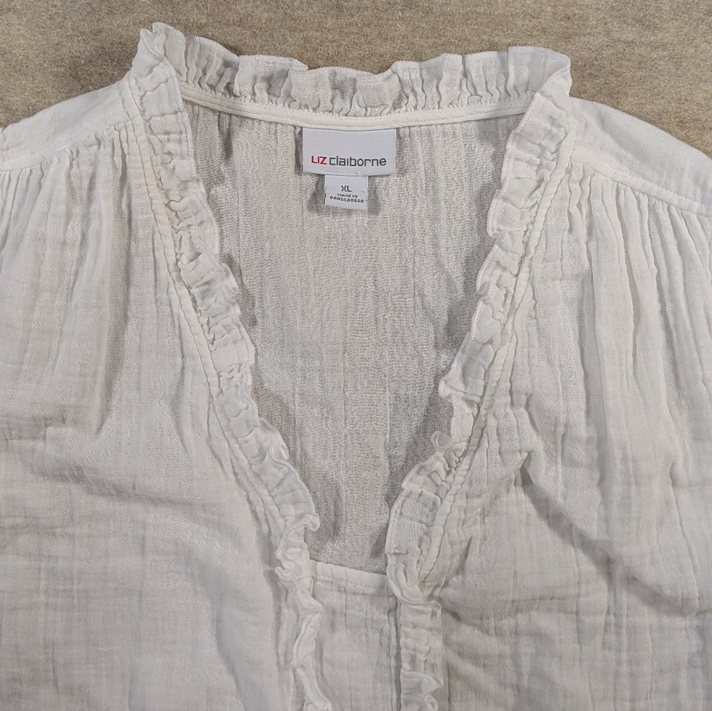 100% Cotton White Gauze Ruffle Sleeveless Top Blouse Liz Claiborne Vintage XL - Picture 3 of 8